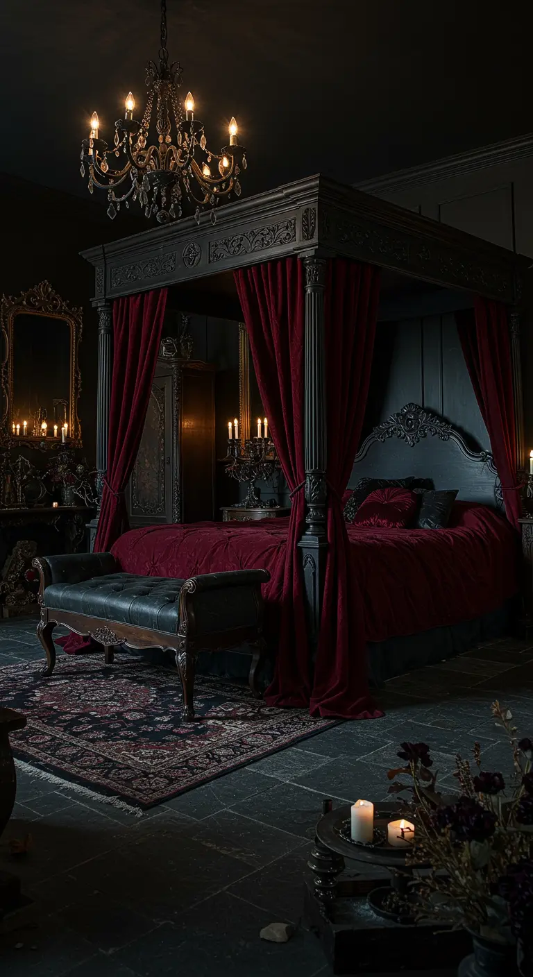 Gotische slaapkamer met zwart hemelbed, rode fluwelen gordijnen, kroonluchter en kandelaars.