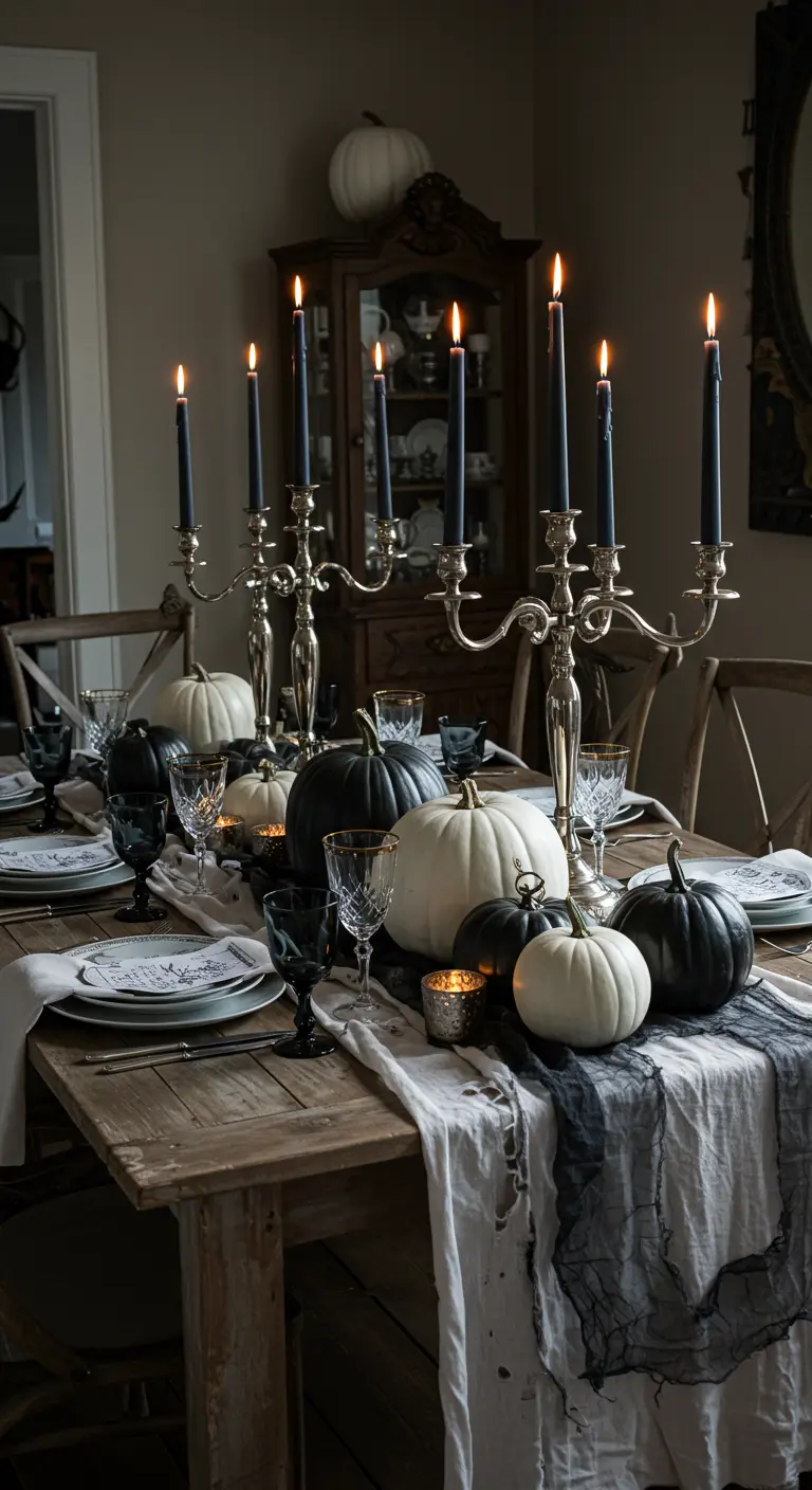 Chique gedekte tafel voor Halloween met zwarte en witte pompoenen en hoge zwarte kaarsen.