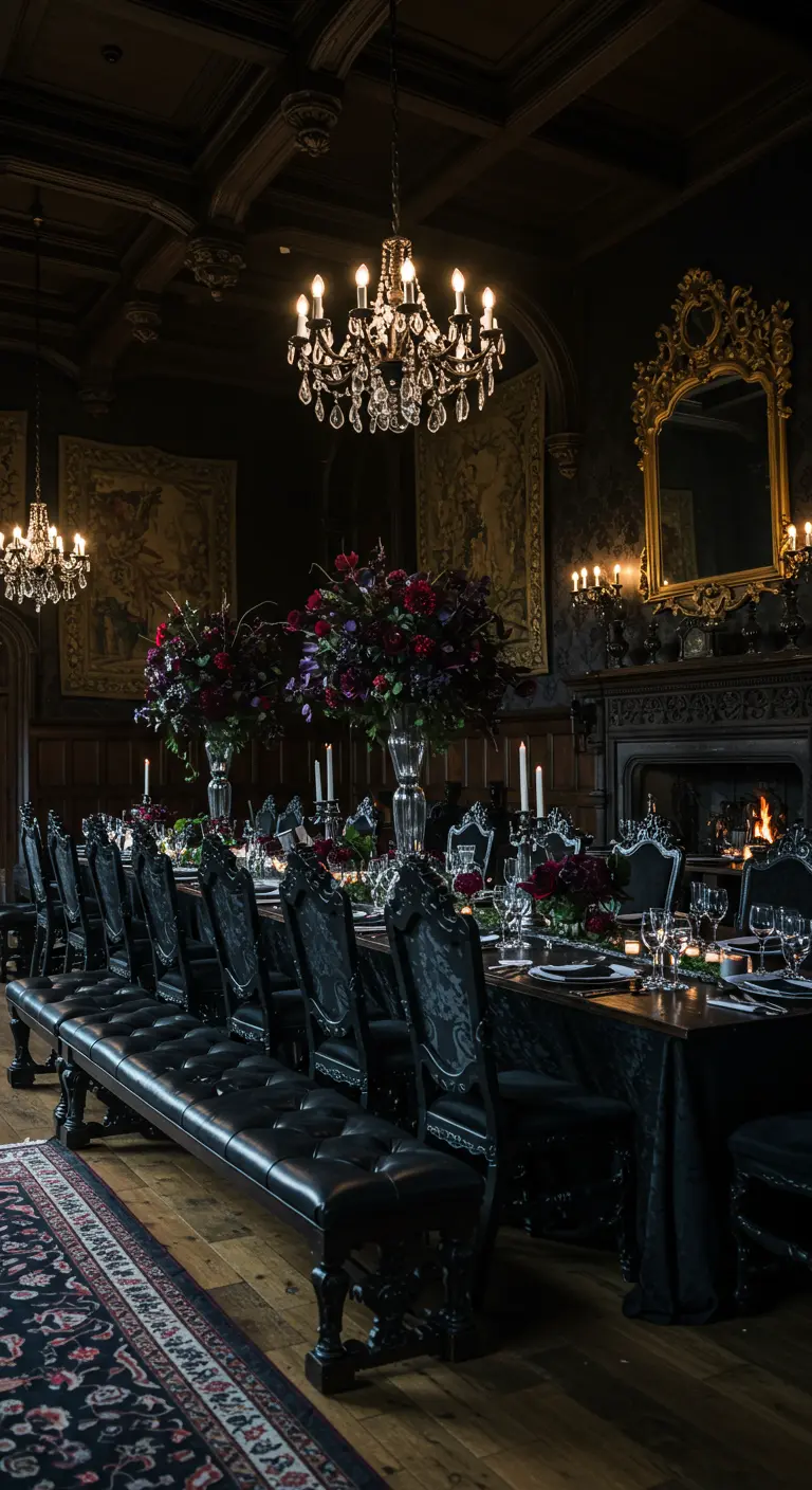 Gotische eetzaal met lange zwarte tafel, leren banken en dramatische bloemstukken.