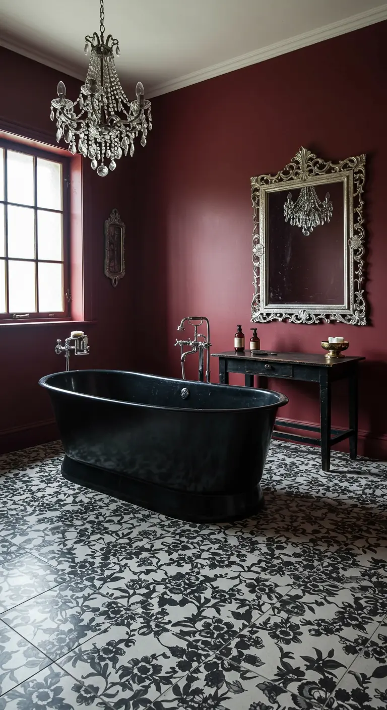 Donkerrode badkamer met een zwart bad, kroonluchter en gebloemde vloer.