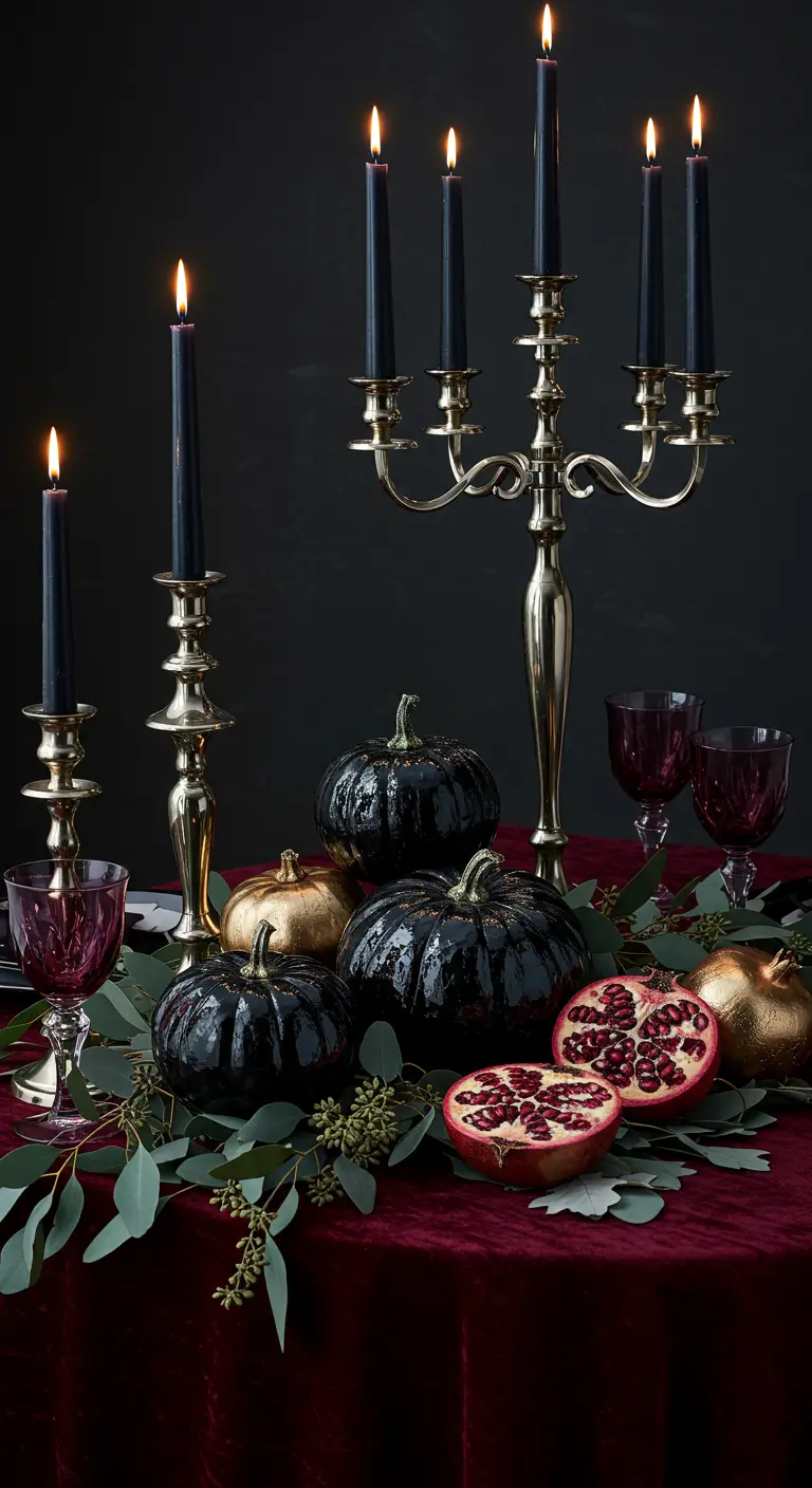 Donkerrode tafel met zwartgelakte pompoenen, granaatappels en koperen kandelaars.