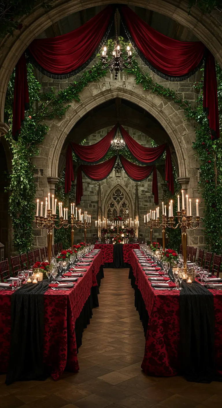 Gotische zaal met lange tafels, rode fluwelen draperieën en hoge kandelaars.