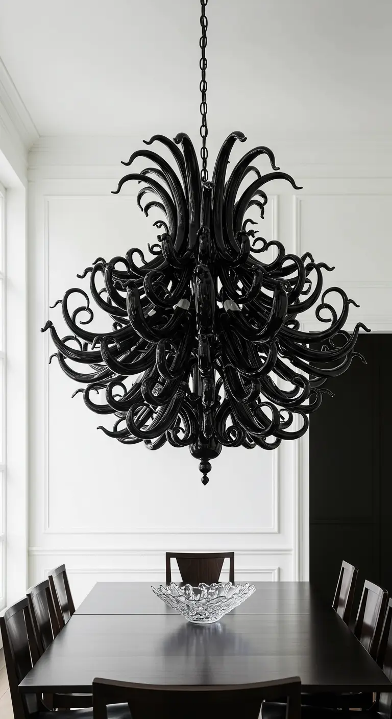 Moderne eetkamer met een dramatische, zwarte glazen kroonluchter boven een donkere tafel.