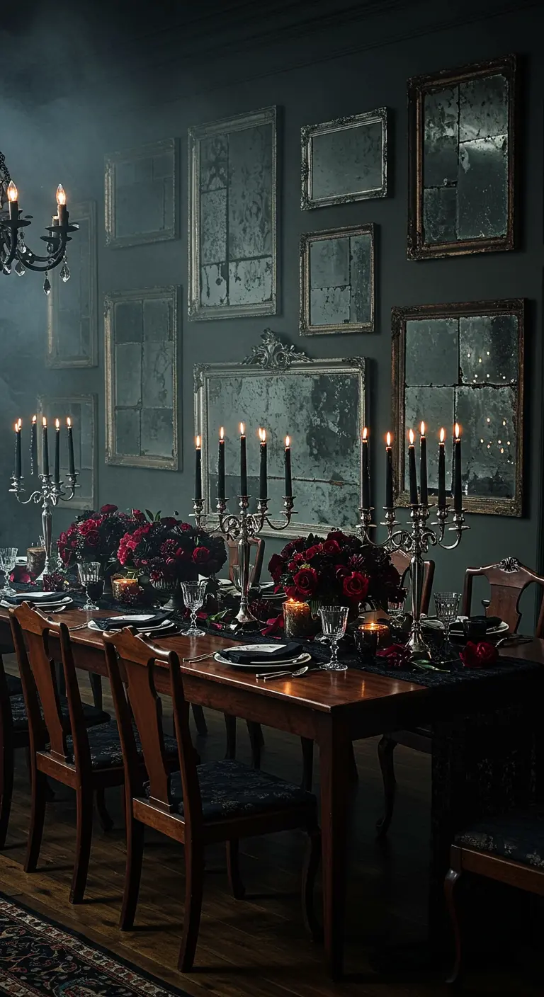 Gotisch gedekte dinertafel met zwarte kaarsen en een muur vol verweerde spiegels.