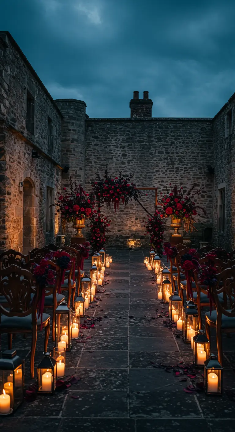 Avondceremonie op een binnenplaats van een kasteel, verlicht door talloze kaarsen en lantaarns.