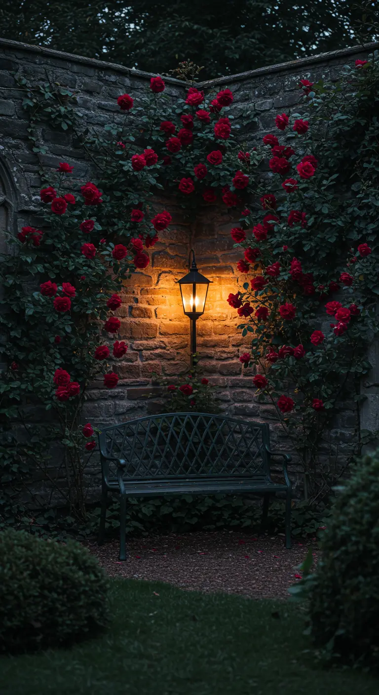 Donkere stenen muur met rode rozen die een oude lantaarn en een bankje omlijsten.