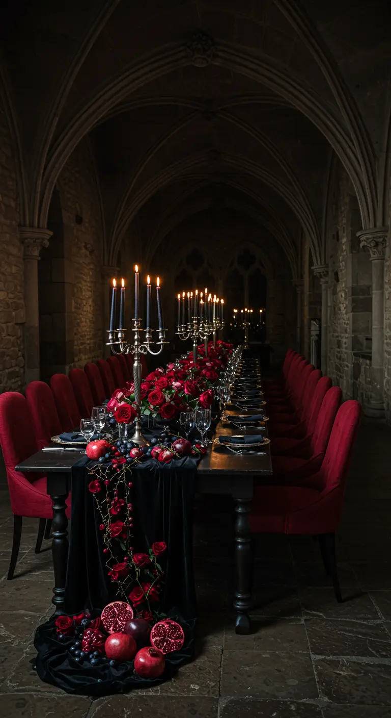Lange donkere tafel in een gotische ruimte, versierd met dieprode rozen en kaarsen.