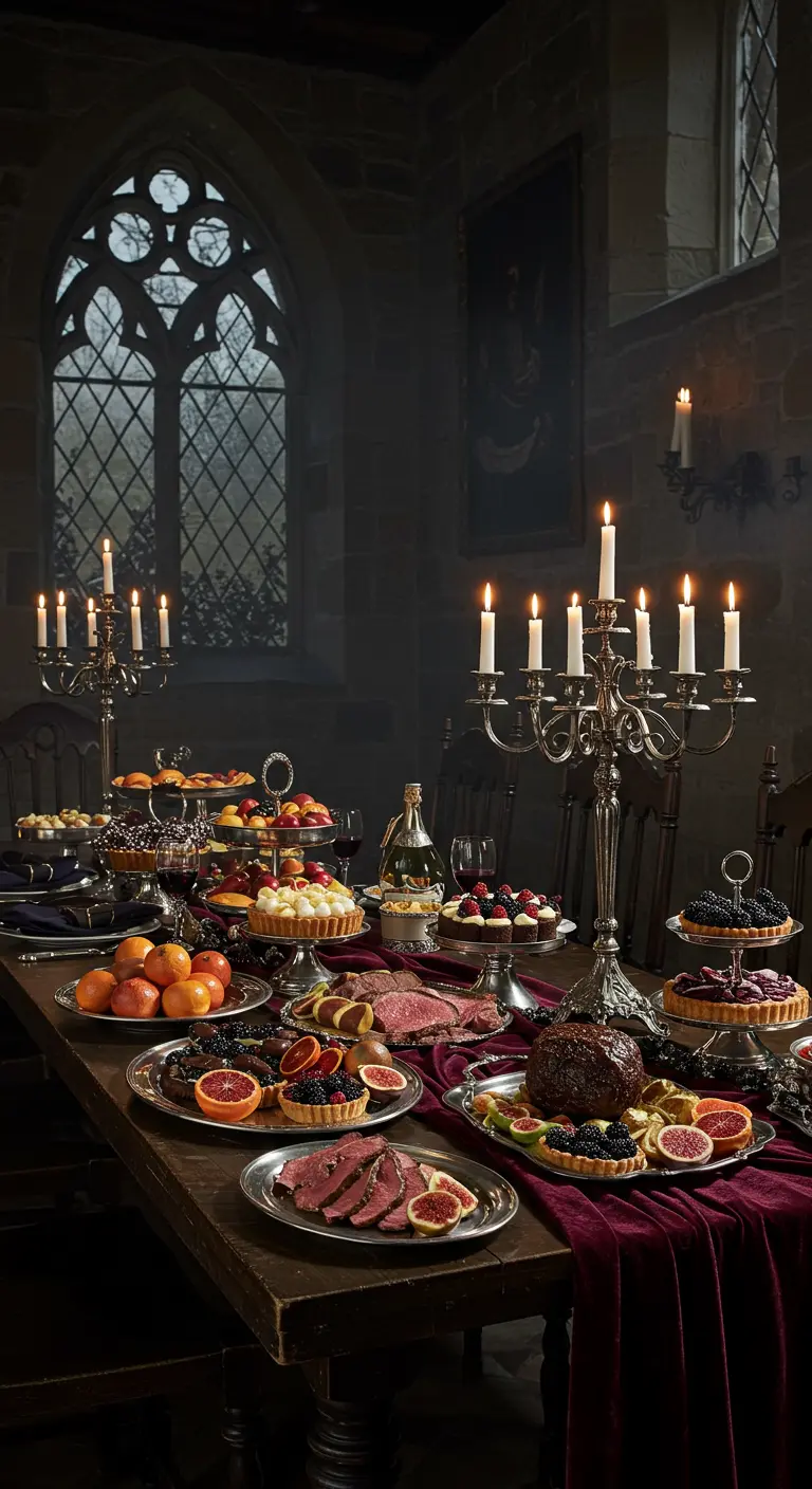 Donker en sfeervol buffet met kaarslicht in een kasteelachtige setting.