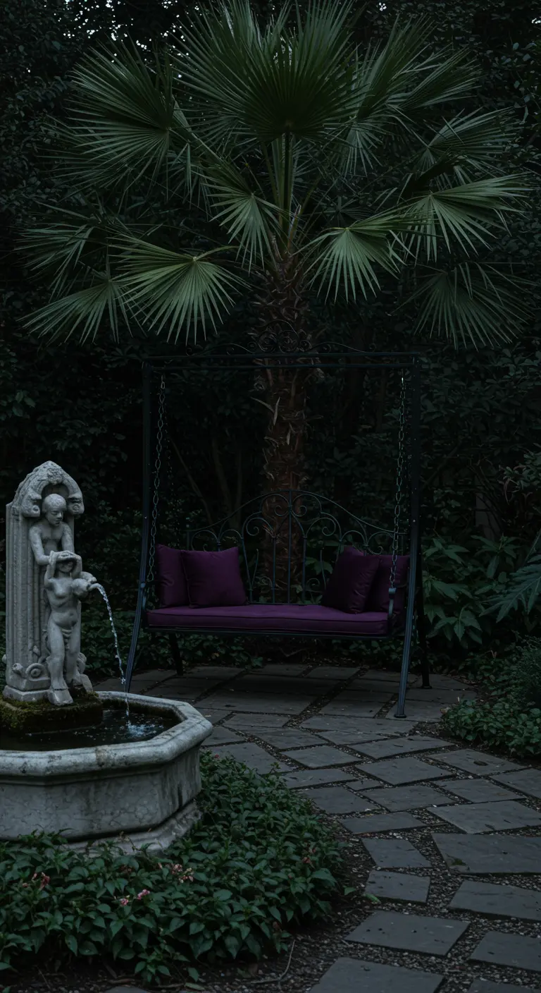 Zwarte metalen schommelbank met paarse kussens naast een stenen fontein in een donkere tuin.