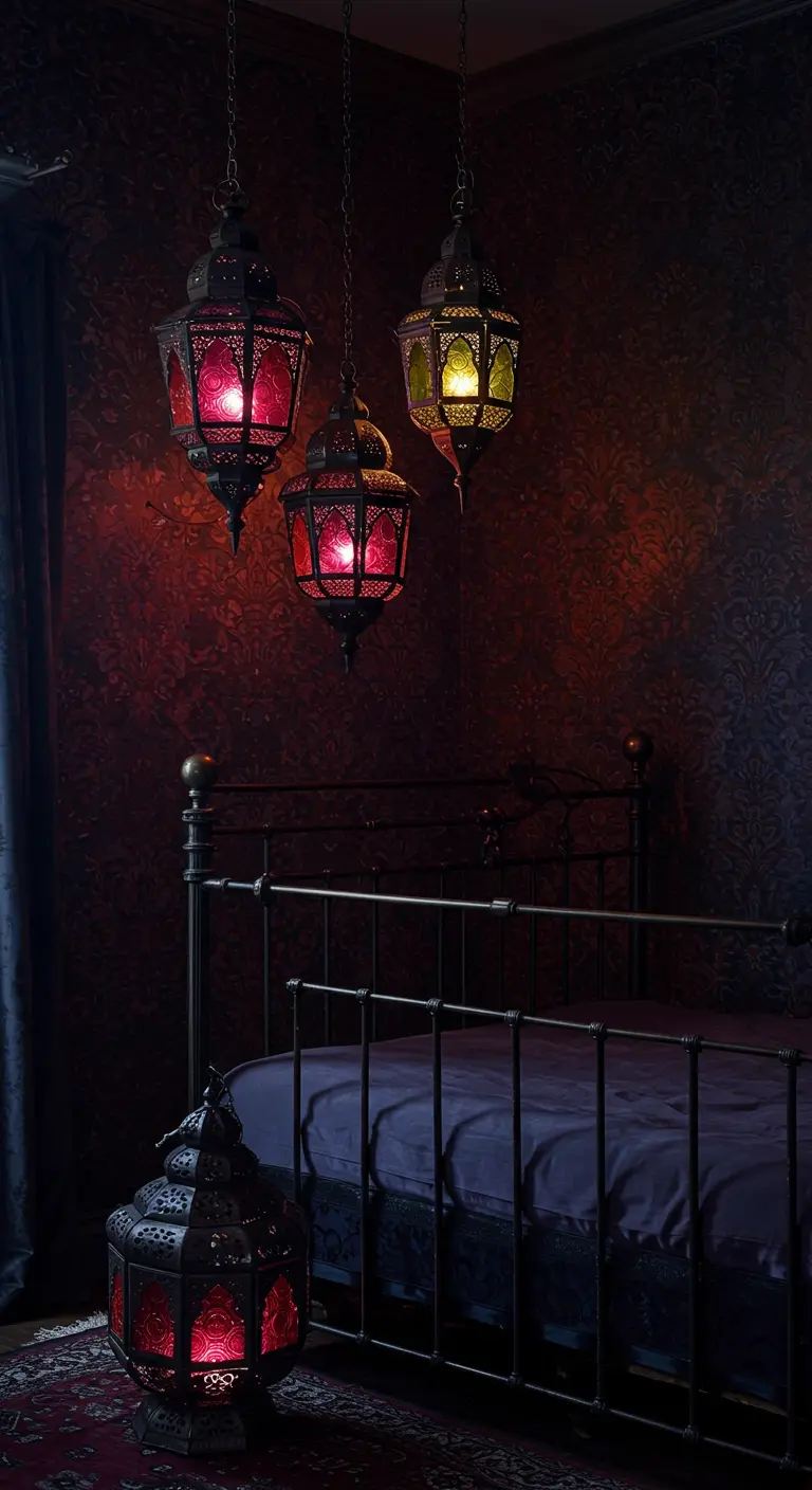 Donkere slaapkamer met een zwart metalen bed en hangende lantaarns met gekleurd glas.