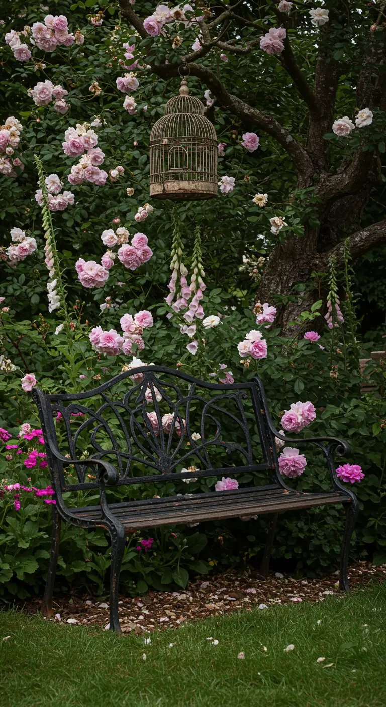 Zwart smeedijzeren bankje in een tuin vol roze rozen met een vintage vogelkooi.
