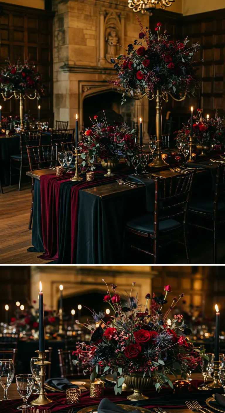Donkere, romantische tafelsetting met rode bloemen, zwarte kaarsen en gouden accenten.
