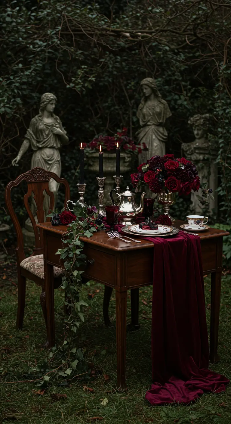 Donkere, sfeervolle tafel met dieprode bloemen, zwarte kaarsen en een fluwelen loper.