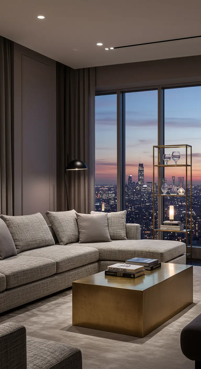 Moderne woonkamer met grijze hoekbank en massief gouden salontafel.