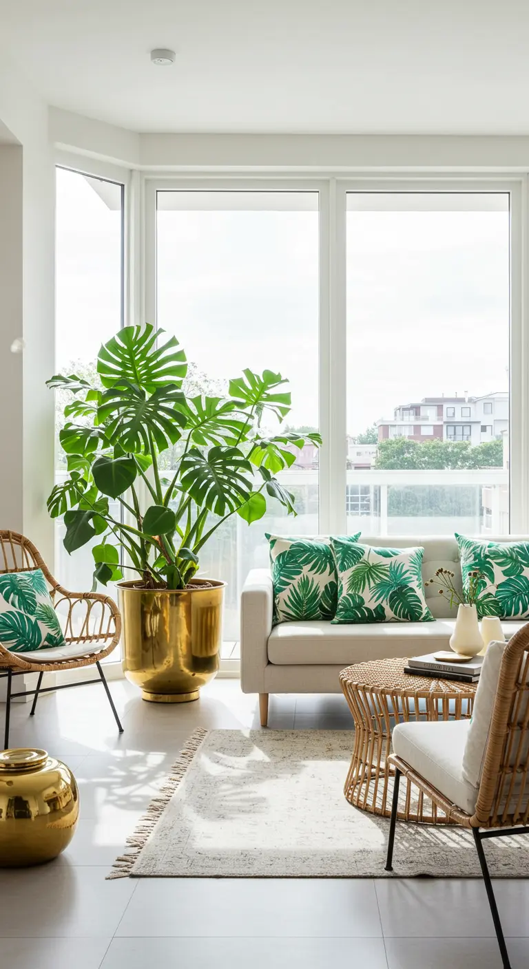 Lichte woonkamer met grote plant in gouden pot en kussens met bladprint.