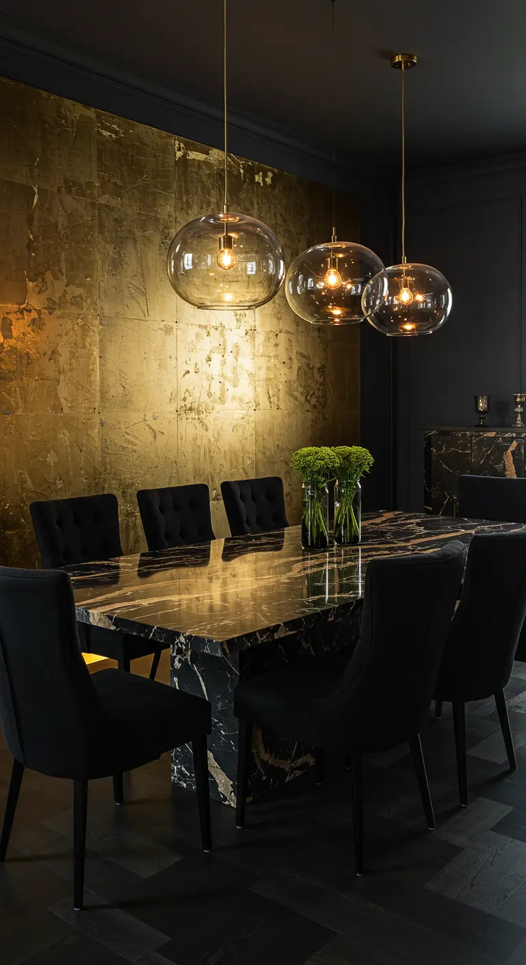 Dramatische eetkamer met een muur van bladgoud, een zwarte marmeren tafel, zwarte stoelen en glazen bollampen.