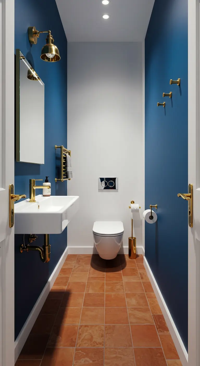 Smalle toiletruimte met diepblauwe muren en gouden kranen en accessoires.