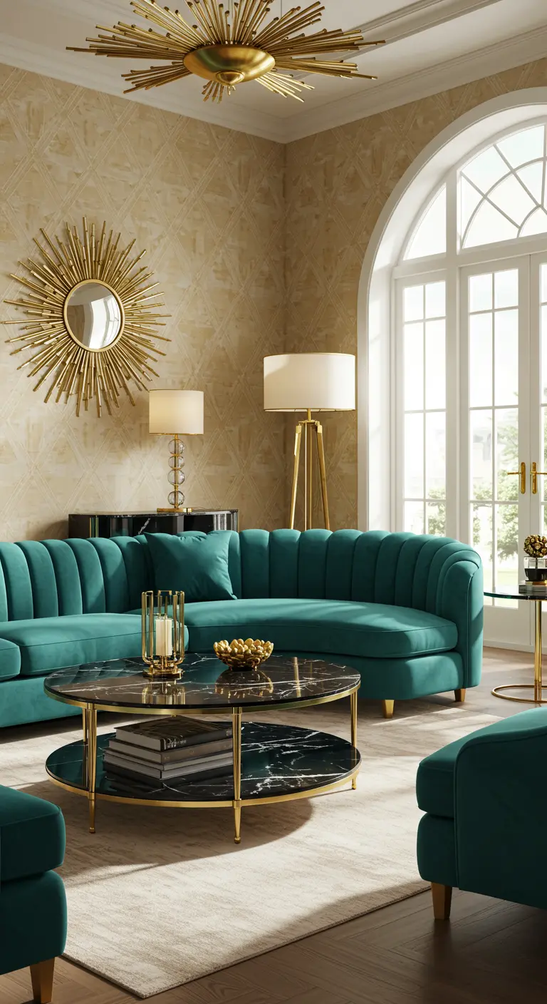 Woonkamer in Art Deco-stijl met turquoise fluwelen bank en gouden sunburst-decoraties.