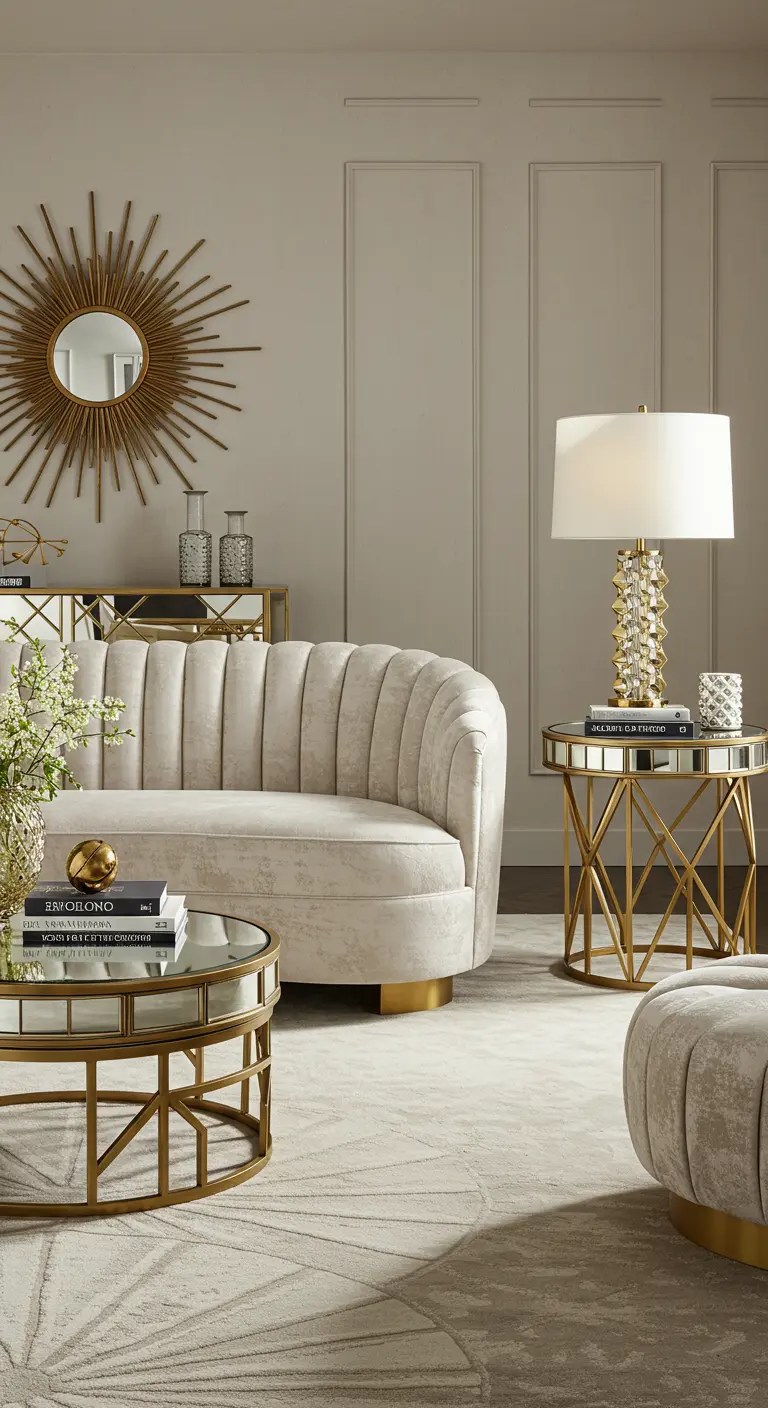 Glamoureuze woonkamer met een gebogen bank en gouden accenten zoals een spiegel en tafels.
