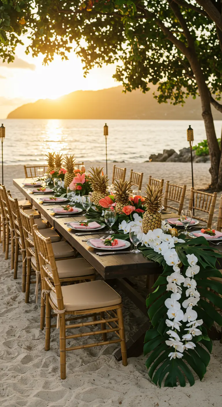 Lange dinertafel op het strand met gouden ananassen en fakkels bij zonsondergang.