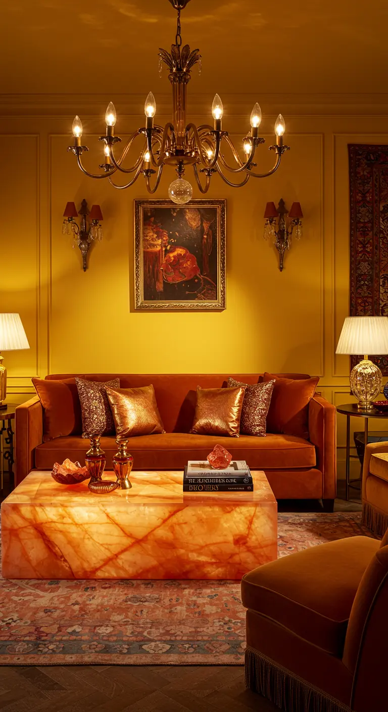 Opulente woonkamer met gele muren, oranje fluwelen bank, gloeiende stenen salontafel.