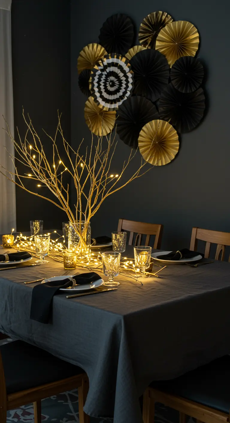 Donkere eettafel met gouden waaiers aan de muur en verlichte takken.