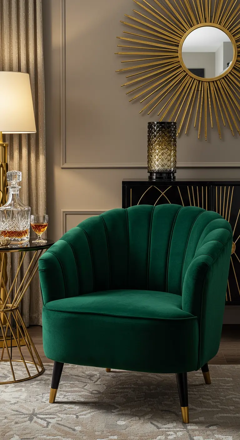 Luxe hoek met een smaragdgroene fluwelen fauteuil, een gouden zonnespiegel en een glazen bijzettafel.