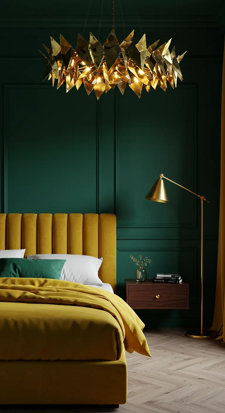 Luxe slaapkamer met een diepgroene muur, een okergeel bed en een grote gouden sculpturale hanglamp.