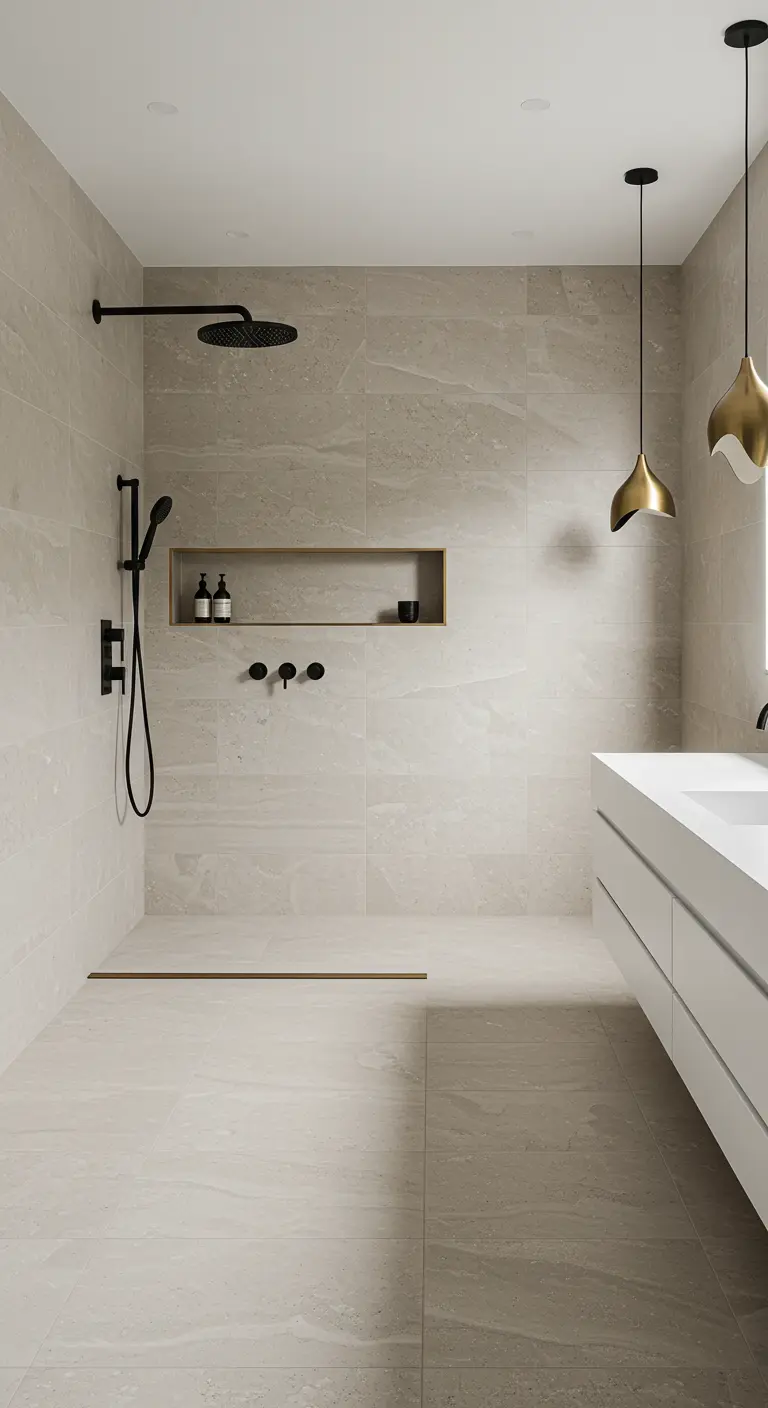 Minimalistische beige badkamer met een inloopdouche, zwarte kranen en messing details.