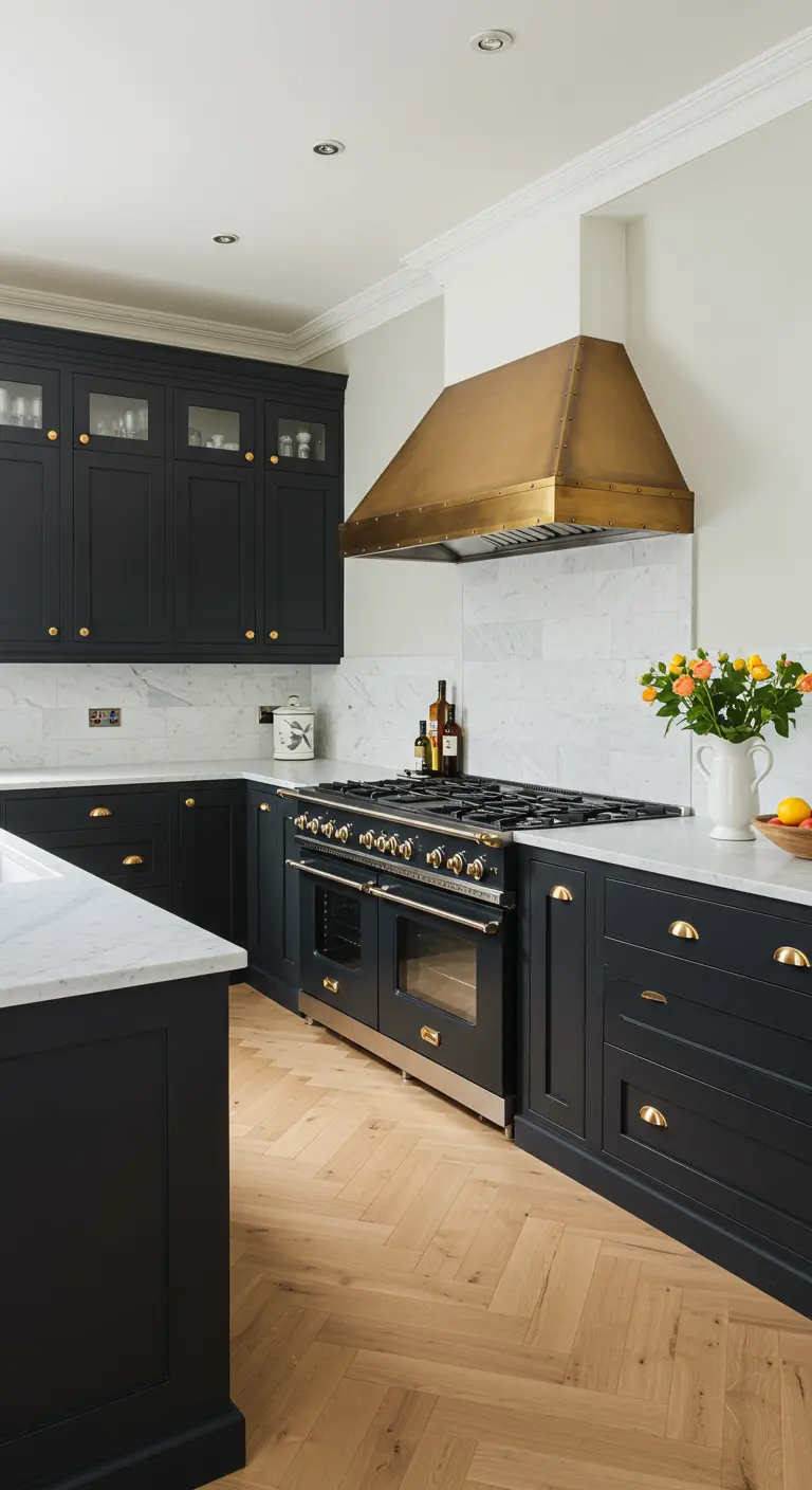 Klassieke zwarte keuken met gouden handgrepen, een messing afzuigkap en een lichte visgraatvloer.