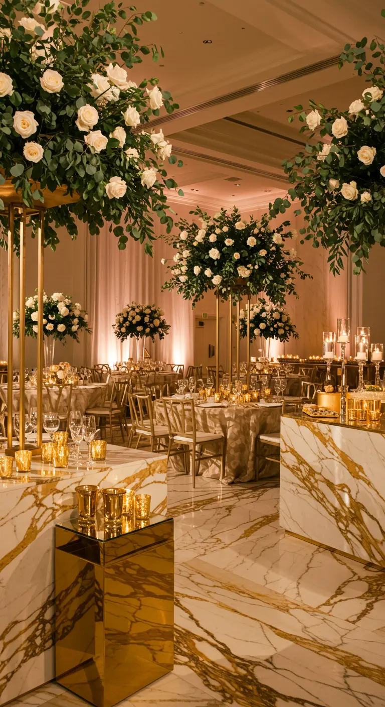 Luxe evenement met wit-gouden marmeren vloer, gouden sokkels en grote bloemstukken.