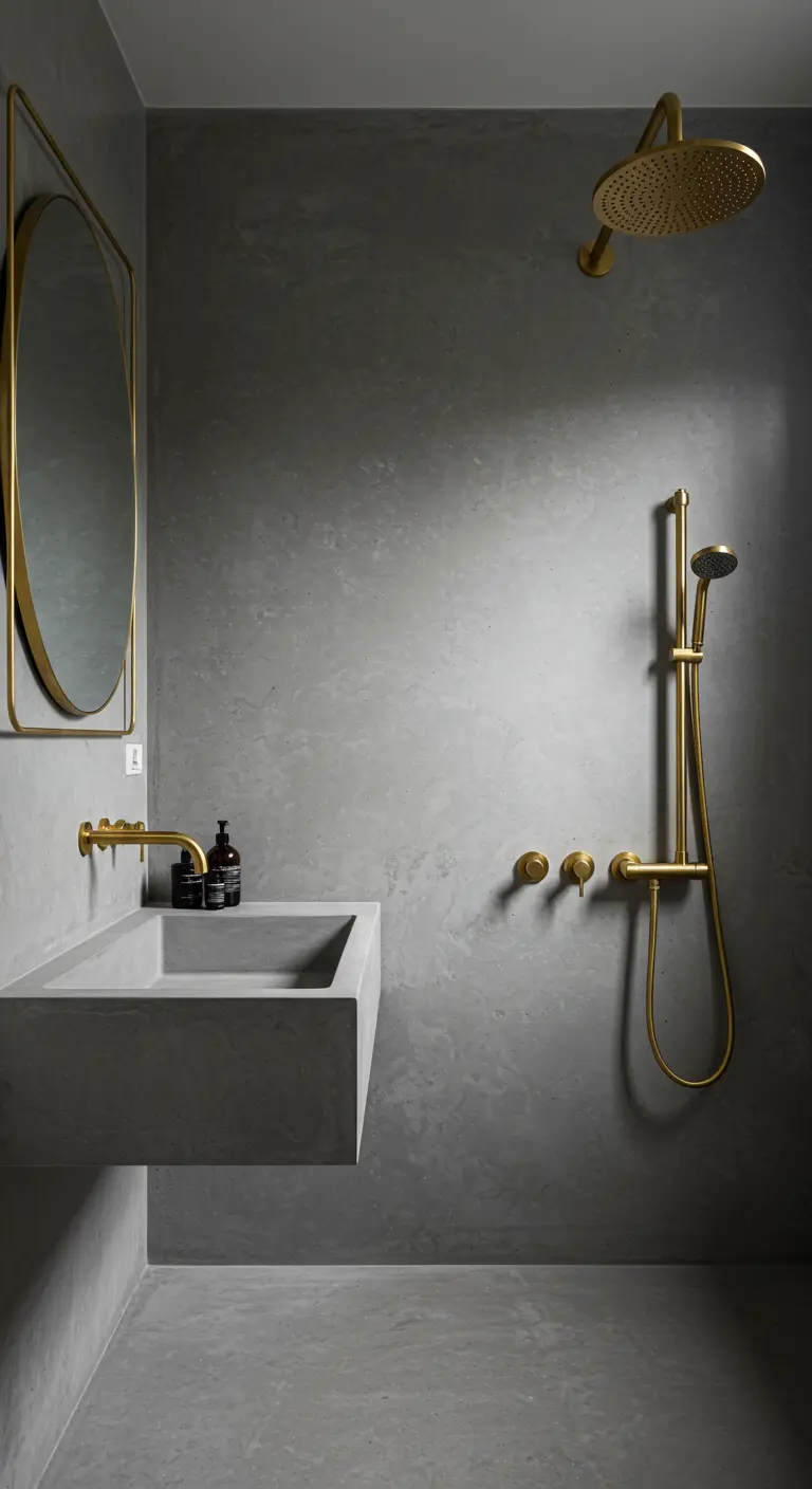 Badkamer met grijze betonlook muren en contrasterende gouden kranen, douche en spiegel.