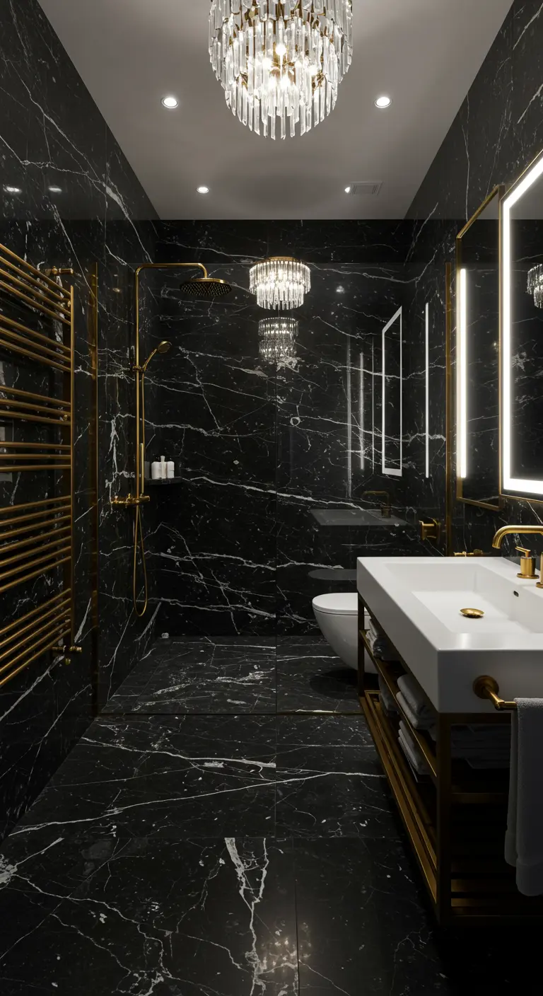 Luxe badkamer met zwart marquina marmer, gouden kranen, handdoekrek en een kristallen kroonluchter.