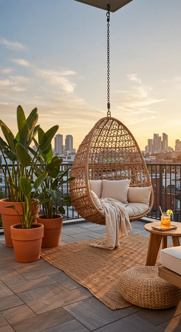 Rotan eivormige hangstoel op een stadsbalkon met terracotta potten en uitzicht op de zonsondergang.