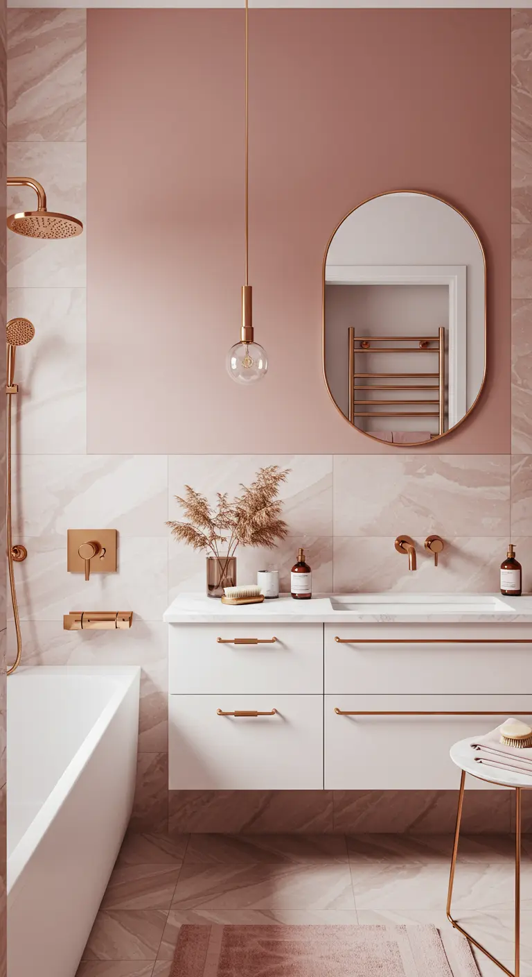 Elegante badkamer met een blush-roze accentmuur, wit meubel en rosé-gouden kranen.