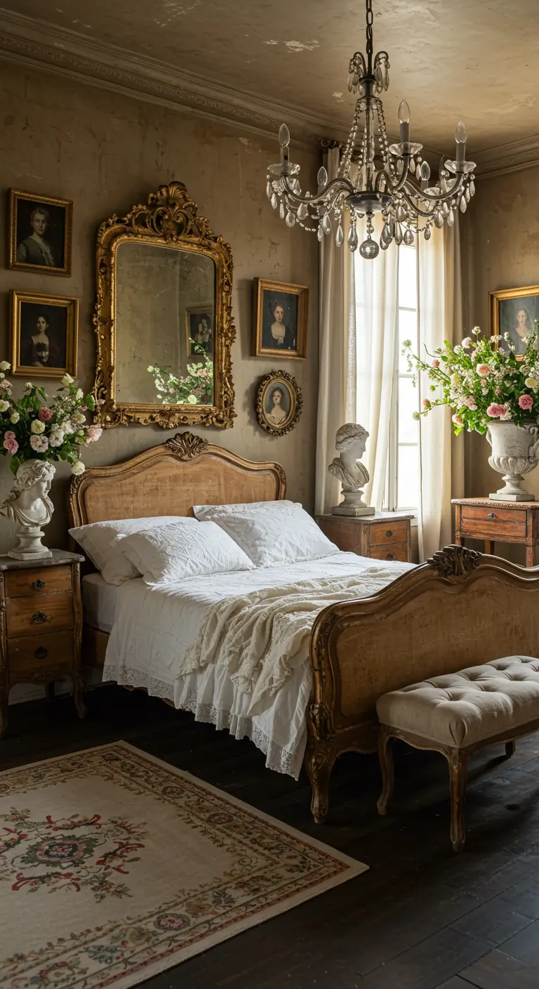 Romantische slaapkamer met gouden spiegel, donkere tinten en klassieke portretten.