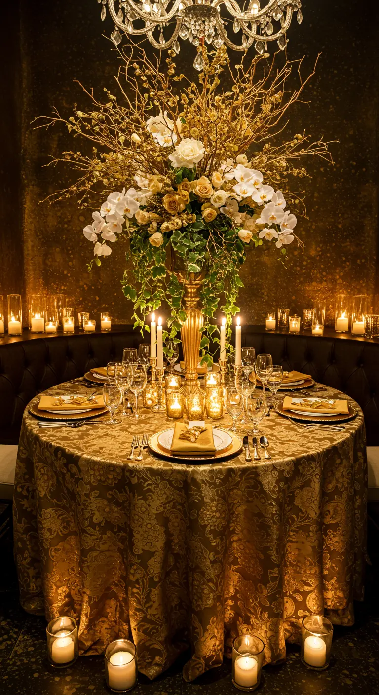 Rijk gedekte ronde tafel met goudkleurig tafelkleed, groot bloemstuk en veel kaarslicht.