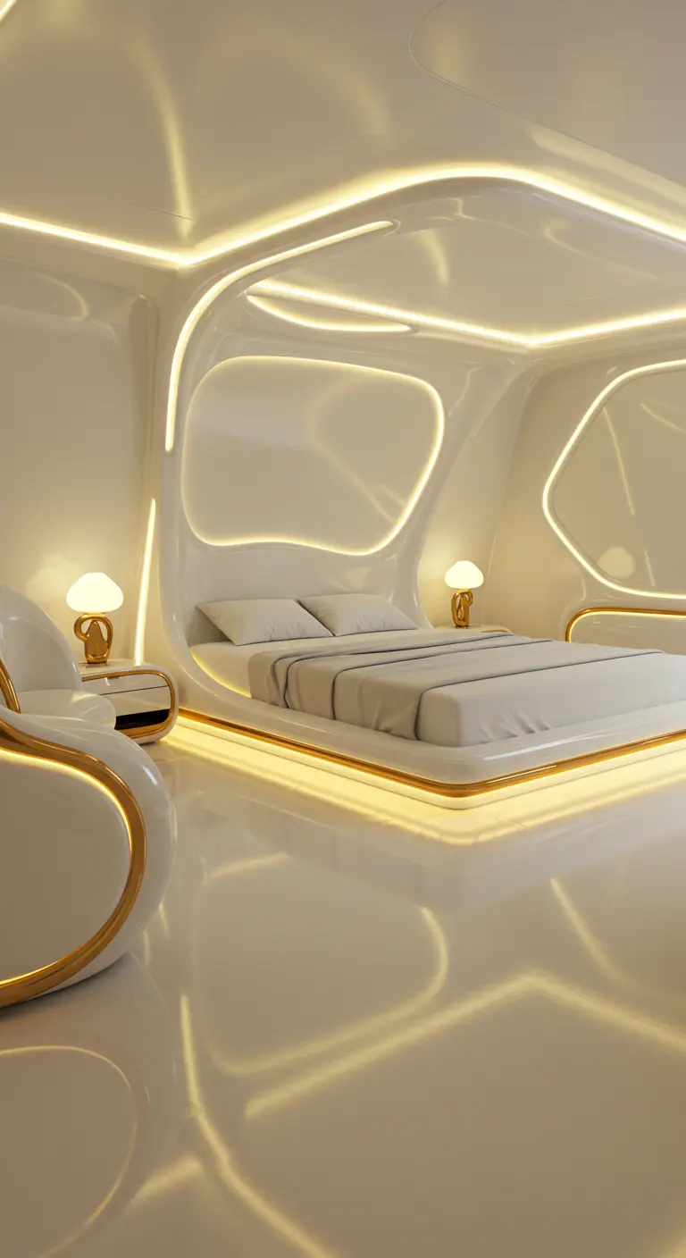 Witte, luxe slaapkamer met gouden accenten, warme LED-lijnen en vloeiende, organische vormen.