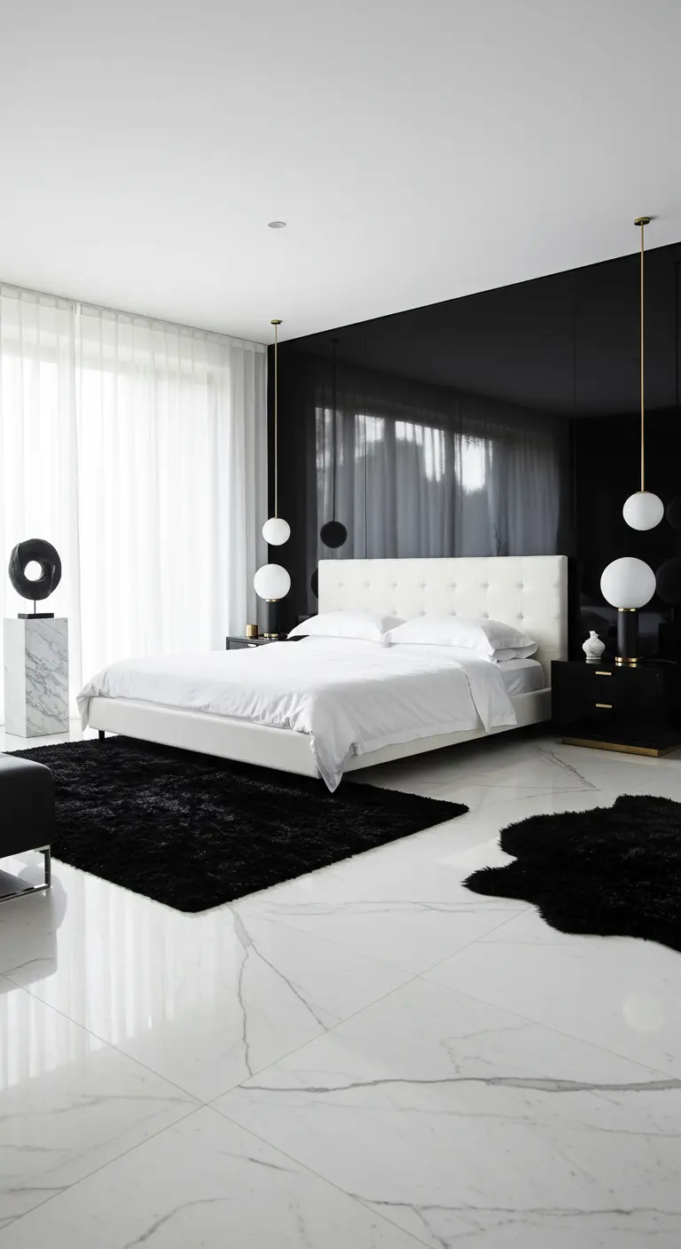Elegante slaapkamer met zwart glanzende muur, wit bed, marmeren vloer, gouden pendellampen.
