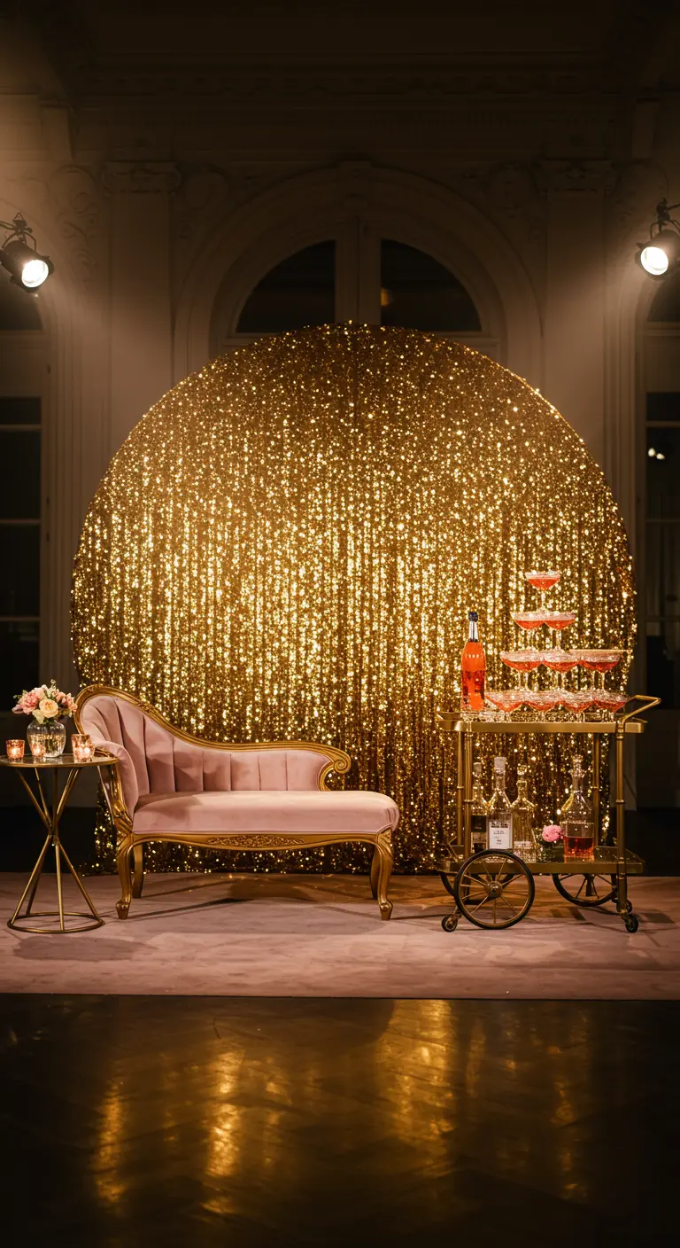 Roze chaise longue voor een gouden glitterachtergrond met een drankkarretje.