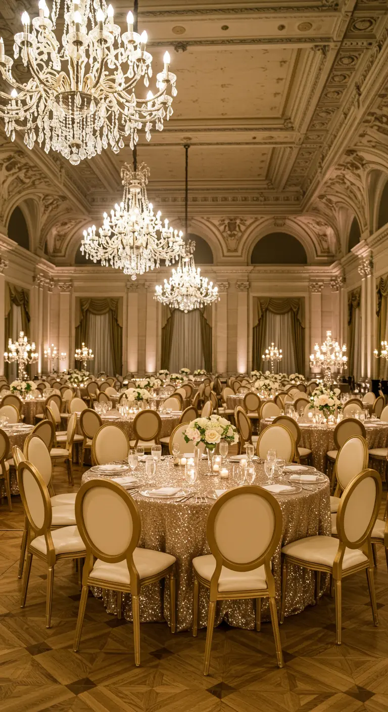 Luxe balzaal met gouden stoelen, ronde tafels met paillettenkleden en grote kroonluchters.