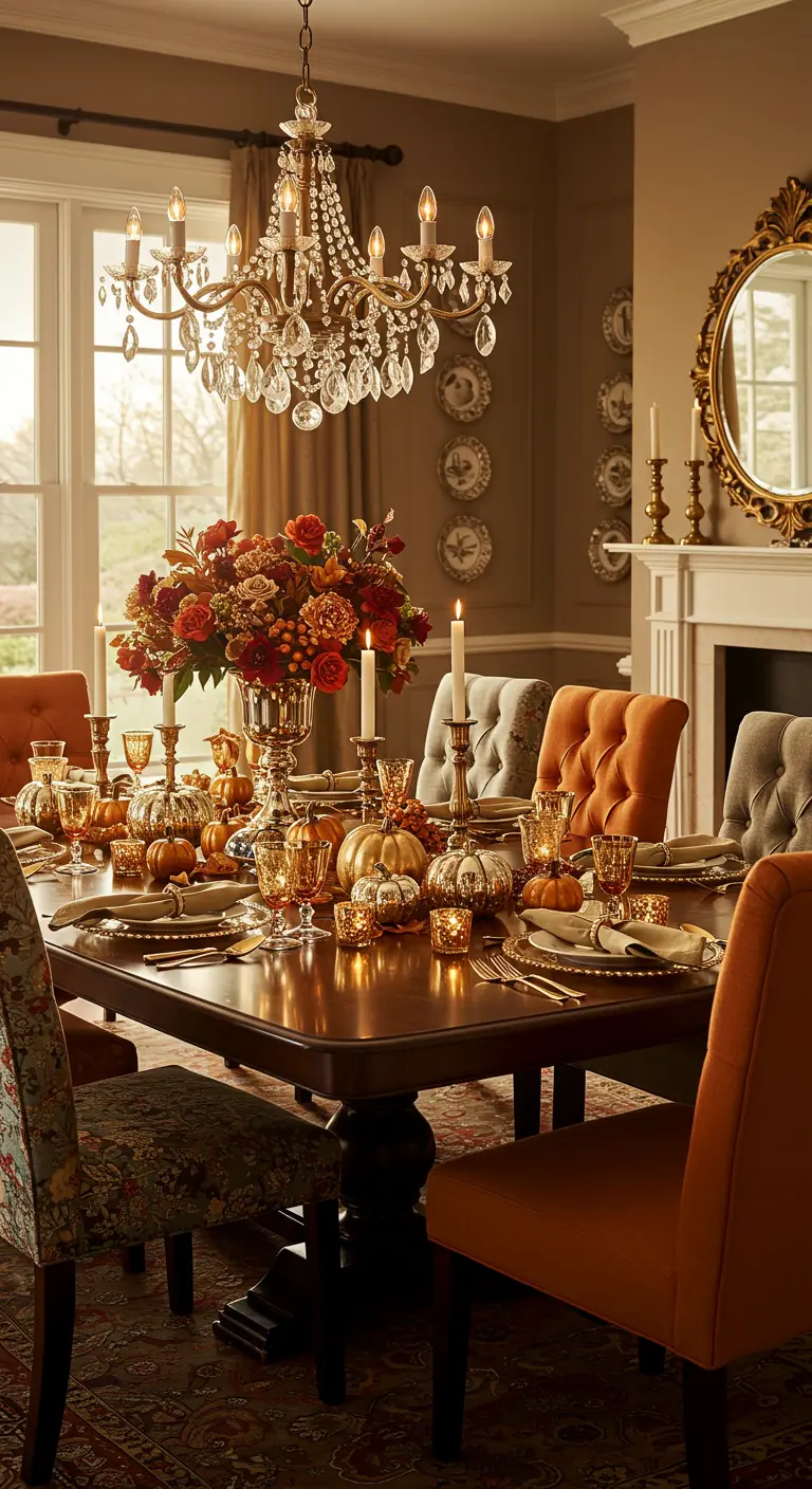 Luxe herfsttafel met gouden pompoenen, rode bloemen en kroonluchter.