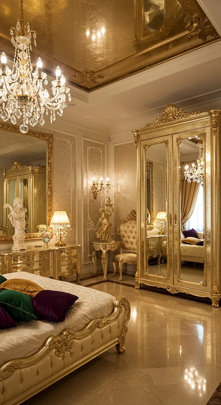 Luxueuze gouden slaapkamer met spiegelkast, sierlijke meubels en een kristallen kroonluchter.