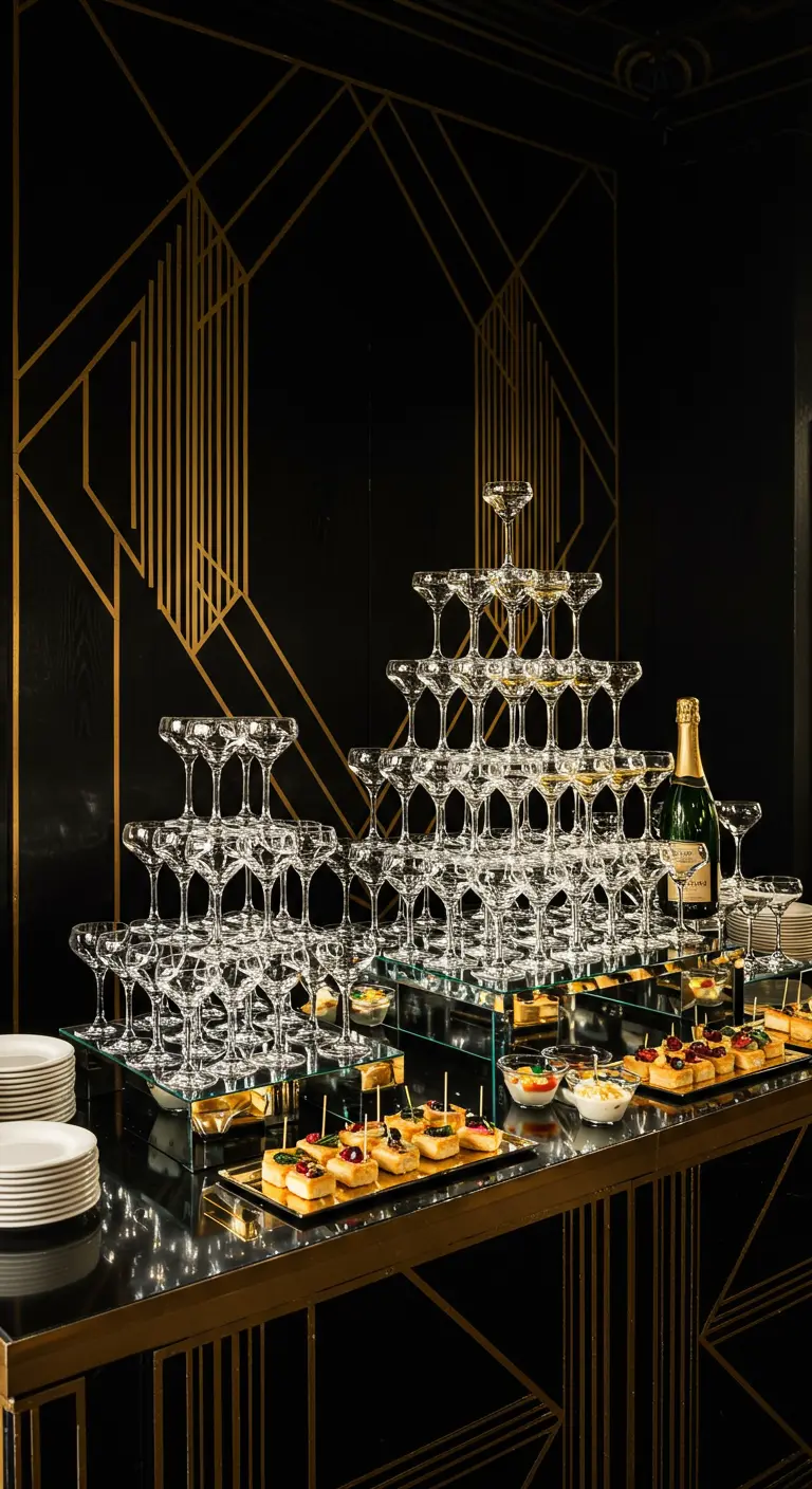 Champagnetoren en hapjes in een Art Deco-setting met goud en zwart.