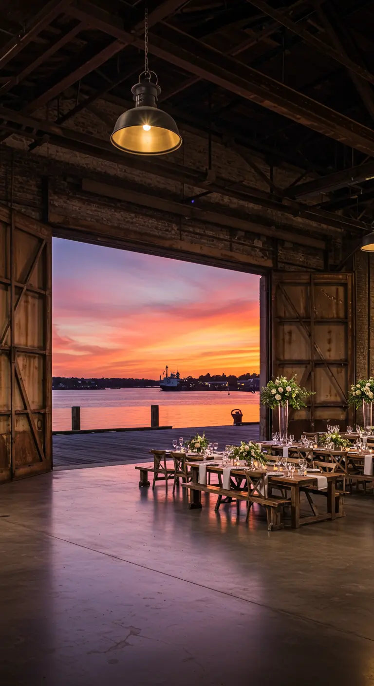 Industriële loods met open deuren die uitkijken op een zonsondergang over het water. Dinertafels staan klaar.