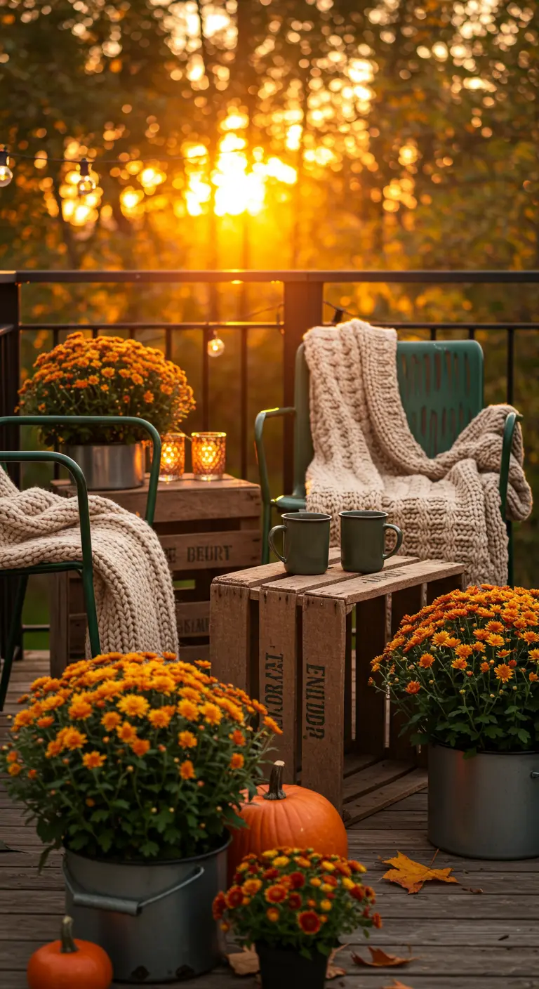 Terras tijdens zonsondergang met groene retrostoelen, gebreide plaids en potten vol oranje chrysanten.