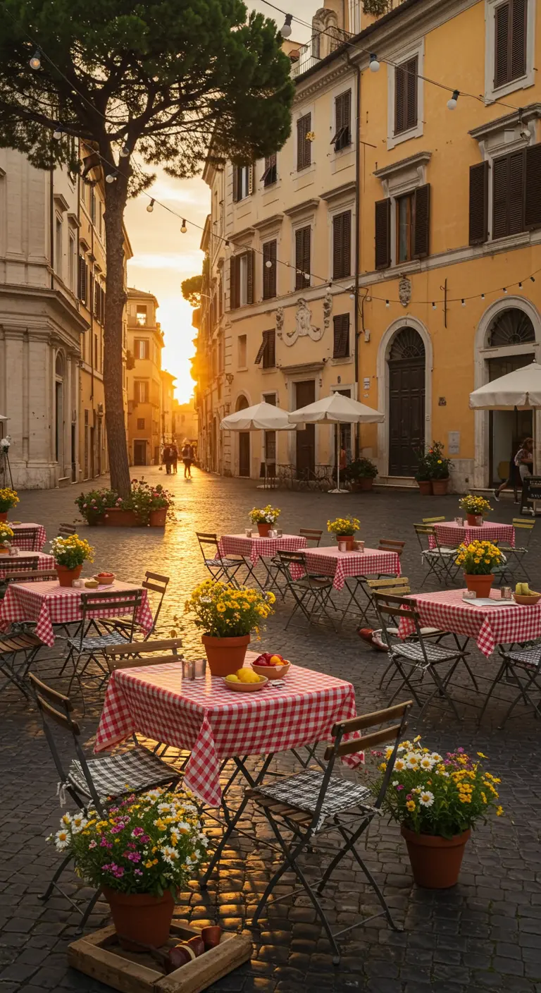 Italiaans dorpsplein met rood-wit geblokte tafels en gele bloemen bij zonsondergang.