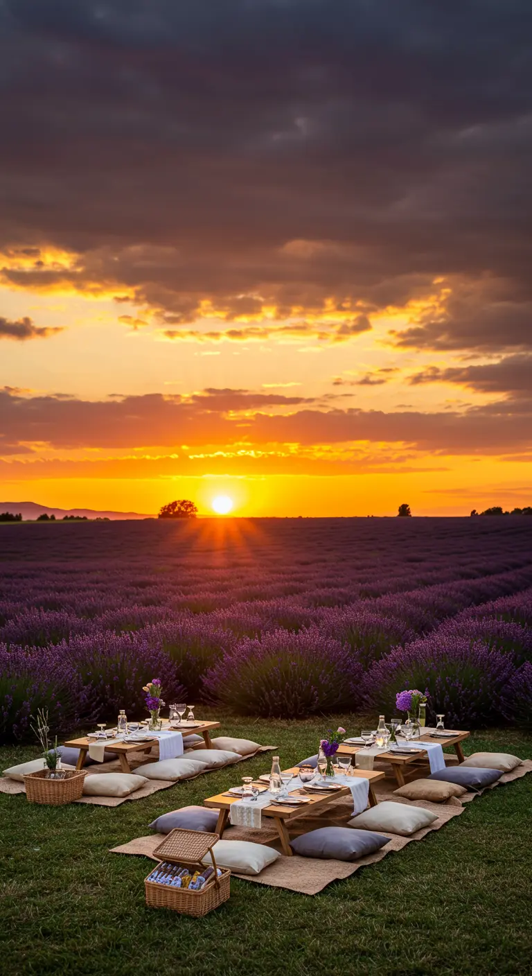 Picknick-diner in een lavendelveld tijdens een spectaculaire zonsondergang.