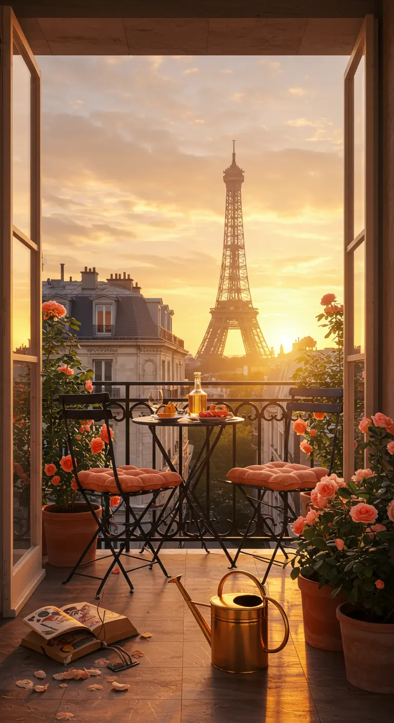 Balkon met uitzicht op Eiffeltoren, zwarte bistrosset met oranje kussens en een gouden gieter.