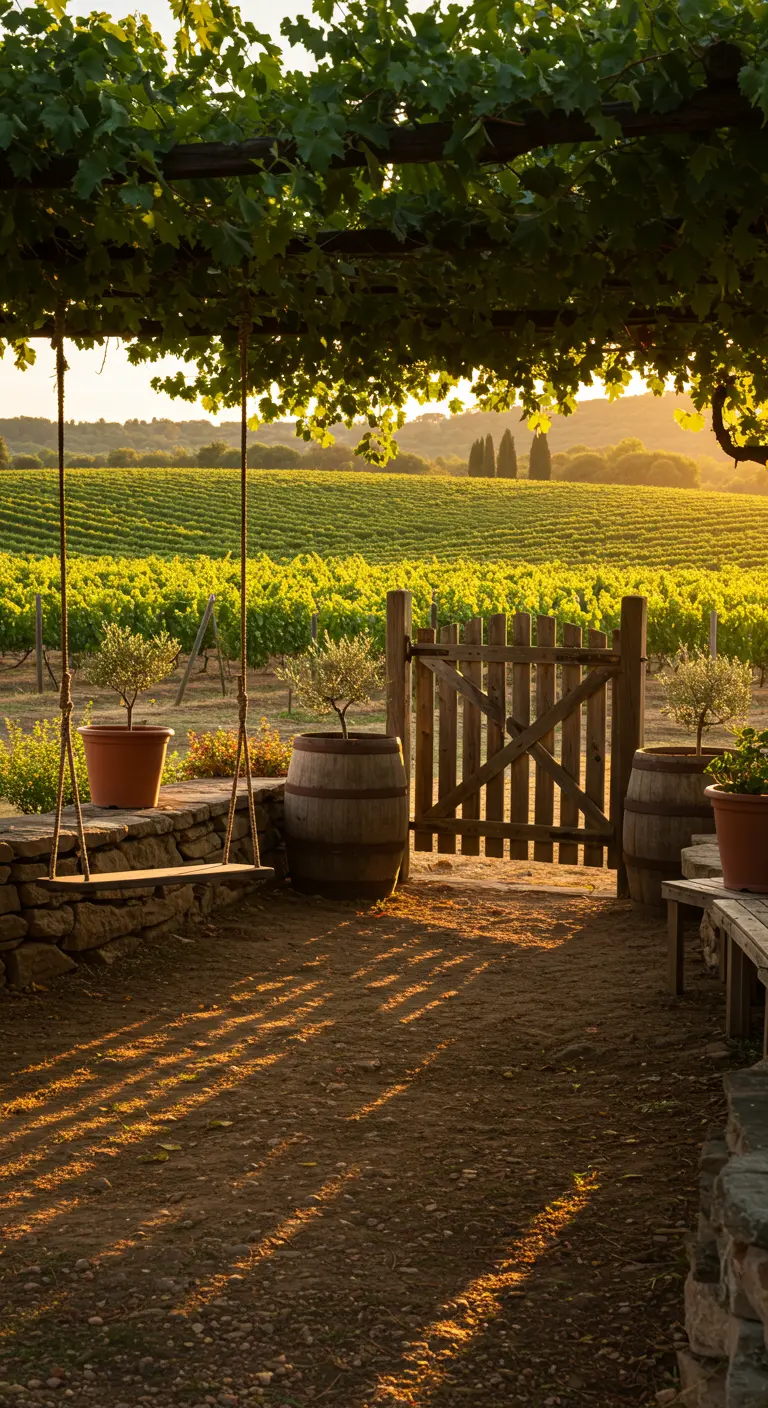 Houten schommel onder wijnrankenpergola bij zonsondergang, met wijngaard en houten poort.